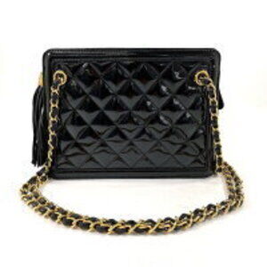 Chanel chain shoulder bag fringe patent leather black